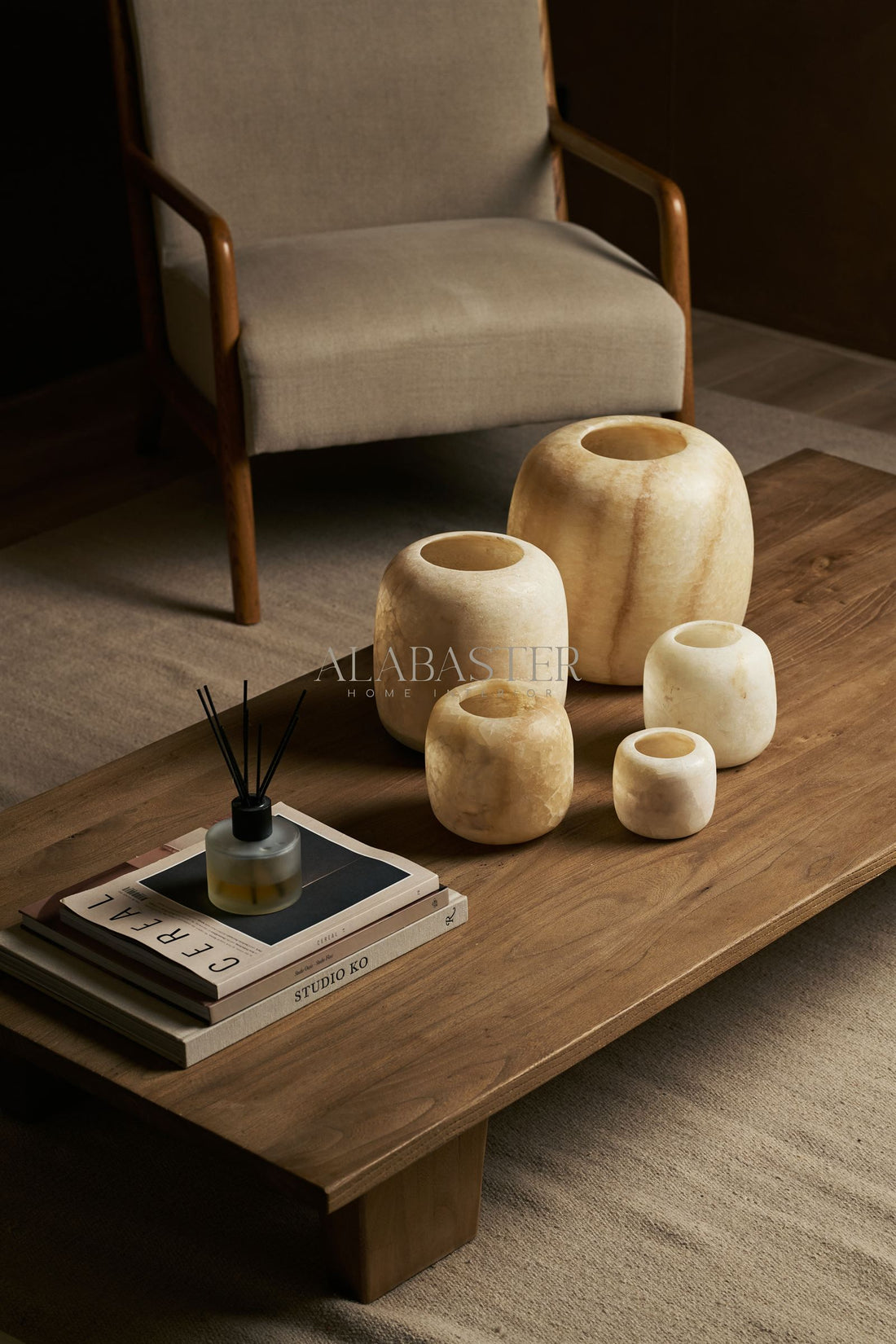 Alabaster waxinelichthouder Rond in wit en bruin, ideaal als cadeau