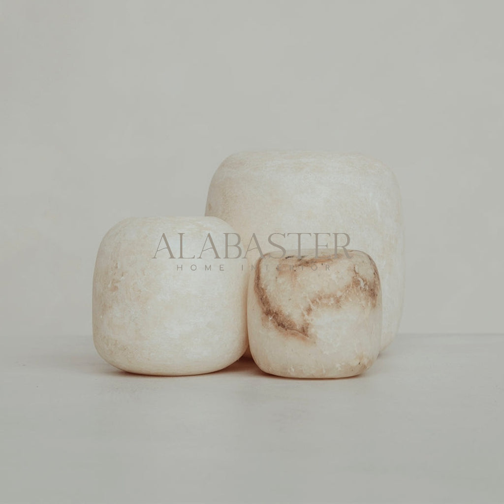 Alabaster ronde waxinelichthouder model Rond, wit/bruin, elegant en tijdloos woondecoratie