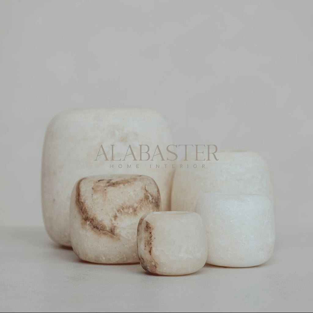 Alabaster ronde waxinelichthouder model Rond, wit/bruin, elegant en tijdloos woondecoratie
