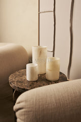 Albast/alabaster waxinelichthouder cilindervorm, wit/bruin, handgemaakt woonaccessoire